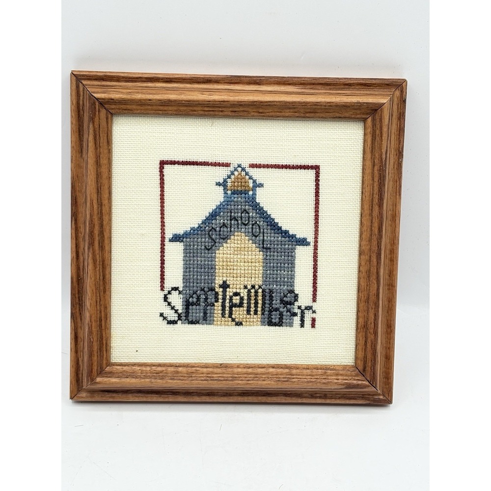 Completed September Schoolhouse Cross  Stitch Rustic Wood Framed Back To School